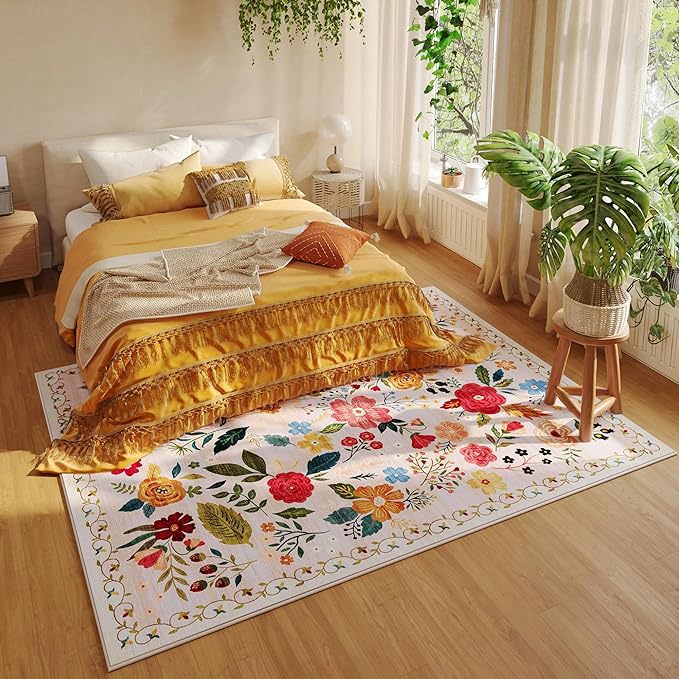 Area Rugs 8x10 Rug for Living Room Clearance Washable Boho Area Rug Non Slip Floral Vintage Low Pile Large Rug for Living Room, Bedroom, Farmhouse, Dining Room, Kids Playroom(Beige)