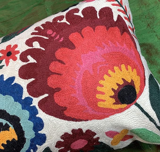 Lumbar Cream Floral Pillow Cover Polish Flower Accent Chair Pillowcase Couch Modern Farmhouse Couch Cushion Hand Embroidered Wool Size 14x20 Inch