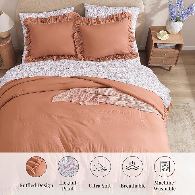 Full Comforter Set - 7 Pieces Ruffle Autumn Leaf Bedding Sets, Shabby Chic Farmhouse Bed in a Bag Full with Ruffle Comforter, Floral Sheets, Pillowcases & Shams