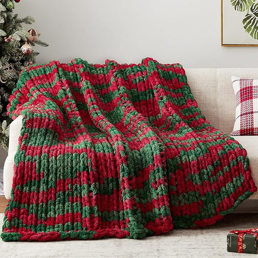 Chunky Knit Throw Blanket, 60''*80'' Knitted Throw Chenille Yarn for Bed Couch, Handmade Stripe Crochet Big Thick Blanket, Machine Washable Cute Comfy Blanket for Home Decor