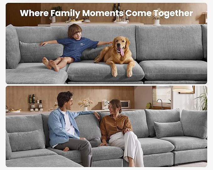 Oversized Modular Sofa, Extra Deep Cloud Chenille Sectional Couch with Ottoman Chaise, Fluffy Chenille Loveseat L Sofa for Living Room, Villa (Loveseat+Ottoman, Chenille Grey)