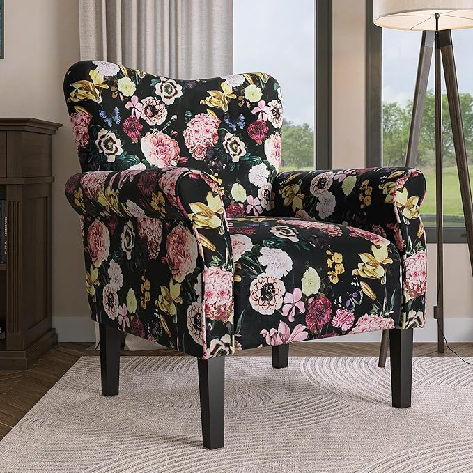 BELLEZE Modern Accent Chair for Living Room, High Back Linen Armchair with Wooden Legs, Upholstered Wingback Side Chair Padded Armrest Single Sofa for Living Room, Bedroom - Allston (Black & Flower)