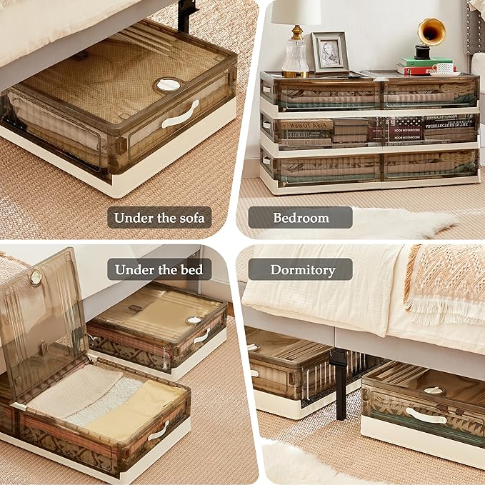 VECELO Under Bed Storage with Wheels, 26.5Gal Stackable Under Bed Storage Containers, Underbed Storage Containers with Lids, Plastic Foldable Folding Box for Clothes Shoes