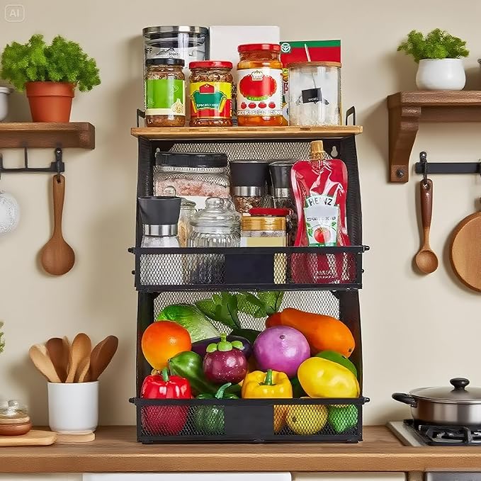 1 SET Large fruit basket for kitchen counter-stackable basket with Bamboo Tops & Tag,hanging wall baske,for Cabinet Shelf Countertop pantry storaget, onion potato Vegs Bread Food Organizing Bin,BLACK