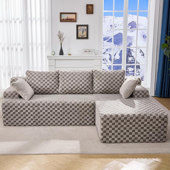 Hobestluk 96“ Modular Sectional Sofa Couches L-Shape Couch 3 Seat Modular Sofa Memory Foam Sectional Couches for Living Room, Cloud Couch with Oversized Chaise (Grey, Checked (Right Facing Chaise))