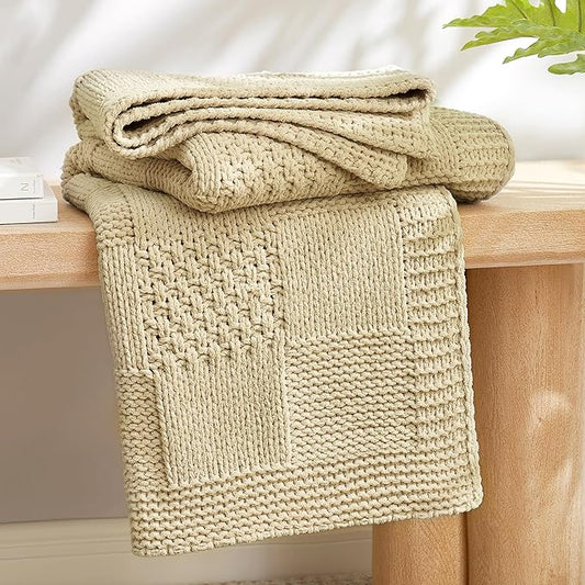 Amélie Home Chenille Knit Throw Blanket for Couch, Checkered Texture Decorative Soft Blanket for Sofa, Bed & Living Room, 50"x60", Beige