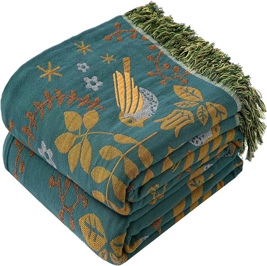 Boho Throw Blanket Full Size, Extra Large Soft Cozy Cotton Muslin Quilt Blanket for Bed Decor, Bird Patterned Couch Sofa Chair Cover, Vintage Farmhouse Cottage Woven Blanket, Green&Beige