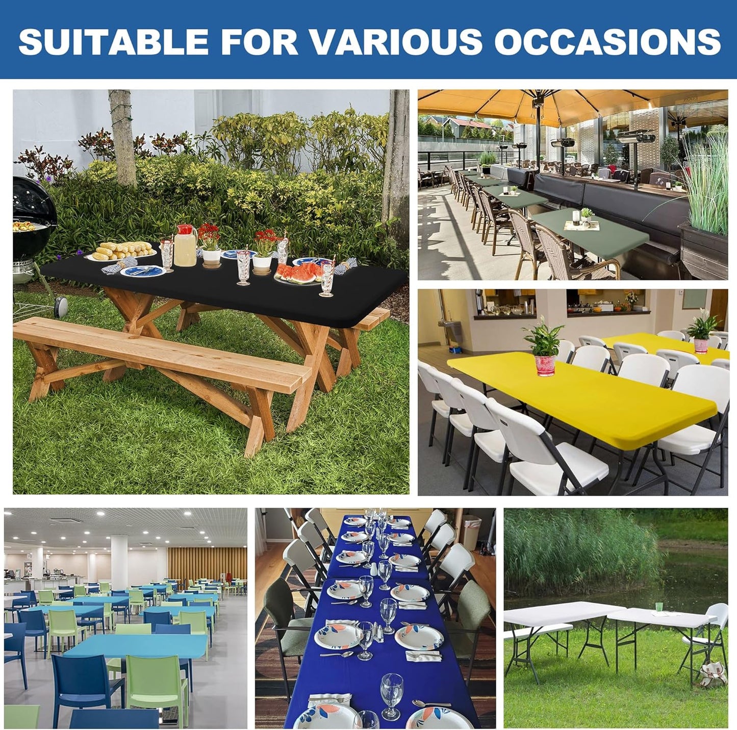 Fitted Tablecloth for 8 foot Rectangle Tables-6 Pack Aqua Blue Elastic Outdoor Picnic Table Cover-Spandex Stretch Folding Table Cloths 8ft for Camping Dining Room Patio Kitchen Banquet Party