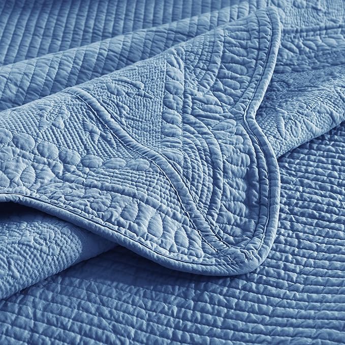 MarCielo 3-Piece 100% Cotton Oversized Bedspread Lightweight Quilt Coverlet Embroidery Farmhouse Bedding Set (TG Midtone Blue, Oversized Queen (100"x106"))