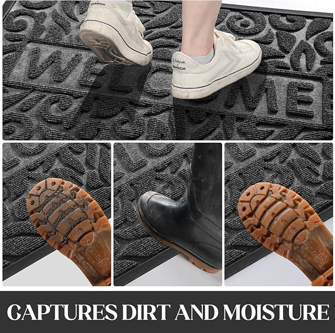Yimobra Door Mat Indoor Outdoor Entrance, Non Slip Welcome Front Doormats, Heavy Duty Rubber Backing, Stain and Fade Resistant, Low Profile, Easy Clean Patio Garage Floor Mats, 47 x 32, Grey