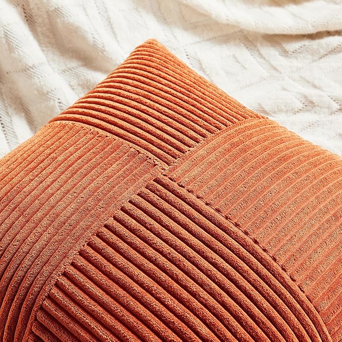 Fancy Homi Set of 2 Burnt Orange Decorative Throw Pillow Covers 18x18 Inch for Living Room Couch Bed, Boho Farmhouse Fall Home Decor, Soft Textured Corduroy Corss Patchwork Cushion Case 45x45 cm