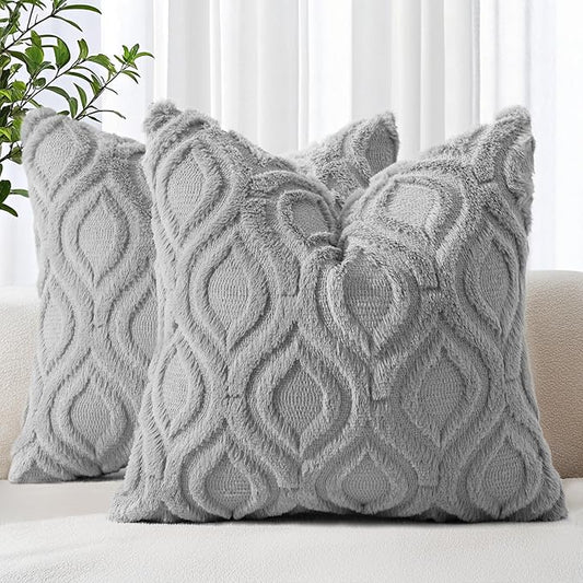 decorUhome Fall Throw Pillow Covers 26x26 Inch Set of 2, Soft Plush Decorative Faux Fur Grey Solid Couch Pillow Covers, Accent Farmhouse Neutral Square Euro Pillow Cases for Sofa Bed Living Room