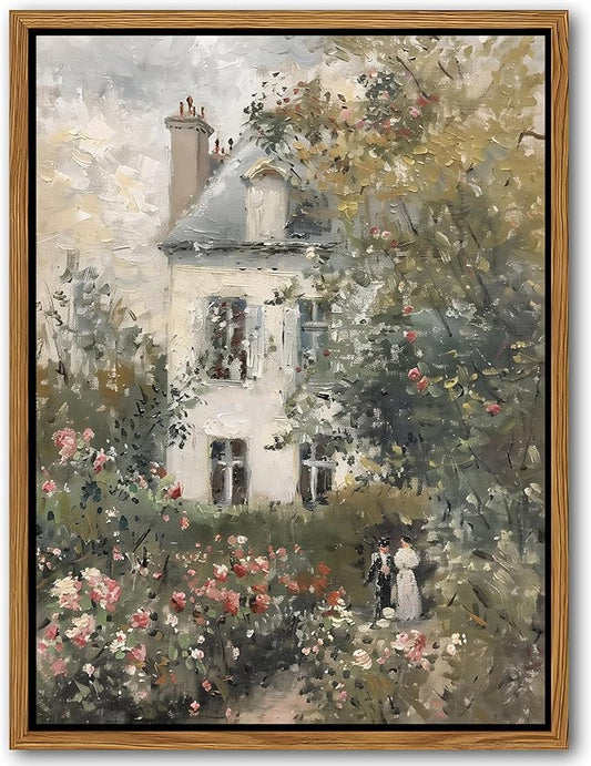 Floating Framed Canvas Vintage Wall Art, Neutral English Cottage Rose Garden Oil Paintings Print, Spring Pictures Wall Decor for Living Room Hallway Bedroom Office Rustic Decor 8x10 inch