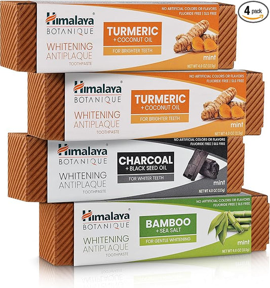 Himalaya Botanique Whitening Antiplaque Toothpaste, Variety Pack Mint Flavors - Whitening Toothpaste Without Fluoride for Whiter Teeth & Fresh Breath - Vegan, Gluten Free, 4 oz (Pack of 4)