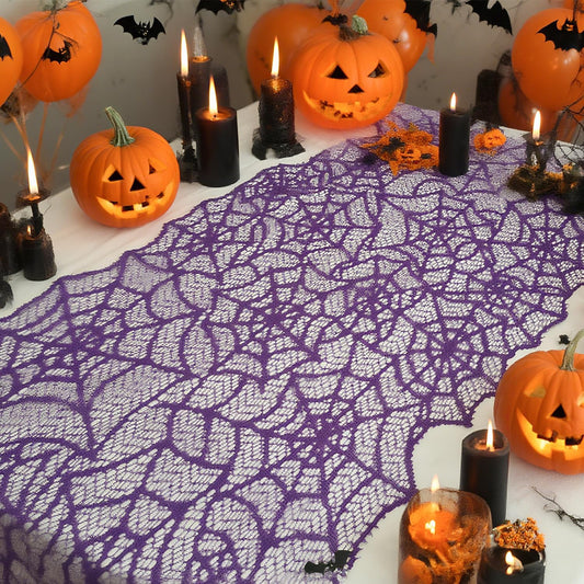 1-Pack Halloween Table Runner, Purple Spider Web Lace Table Runner, Gothic Kitchen Decor, Fall-Themed Party Decorations, Spider Web Reusable Home Accent, 13 x 72 Inches