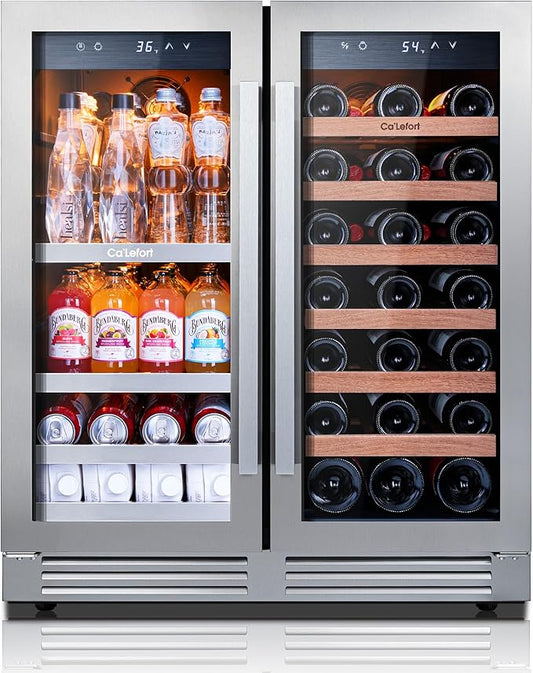 Ca'Lefort 30 Inch Wine and Beverage Refrigerator, 80 Can and 33 Bottle French Door Wine Refrigerator 36-72°F, 3 LED Wine Fridges with Glass Door, Built-in or Freestanding for Home/Kitchen (6.00 cu.ft)