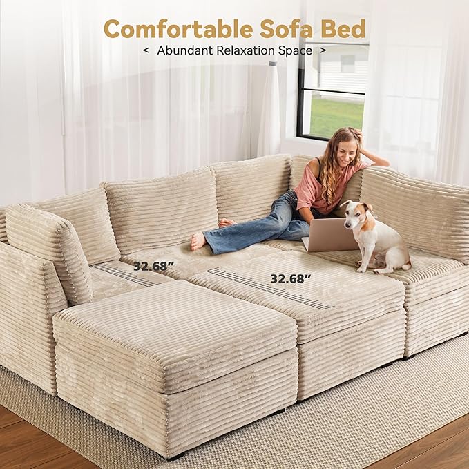 Modular Sectional Sofa with Chaise U Shaped Sectional Couch for Living Room, 8-Seater Comfy Cloud Couches with One Movable Ottoman, Plush Corduroy, Beige