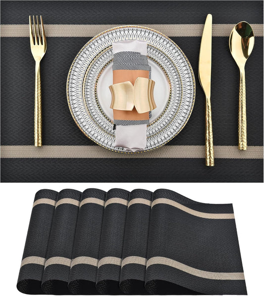 Black Placemats Set of 6 - Easy Clean Modern Durable Washable Vinyl Place Mats - Heat Resistant Placemats for Kitchen Table - PVC Table Mats for Dining Table (Black with Stripes, 6)