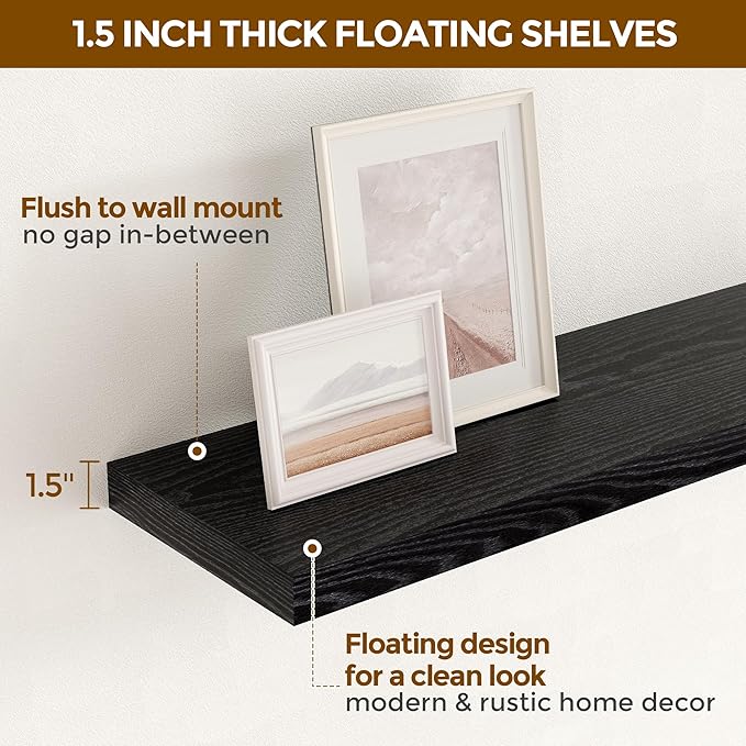 Fun Memories Black Floating Shelves 36 Inch Long, 9 Inch Deep Wall Shelves Set of 2, 36 x 9 Floating Shelf for Wall, Rustic Wood Floating Shelves for Kitchen, Living Room, Bedroom