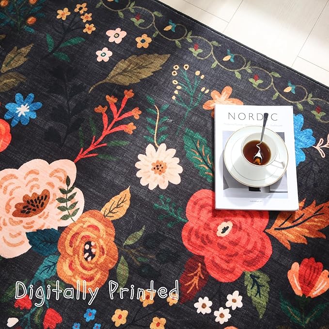 Round Rug 6ft Washable Circle Rug Non Slip Low Pile Boho Floral Small Circular Rug for Bedroom, Bathroom, Entryway, Kids Room, Office, College Dorm(Black)