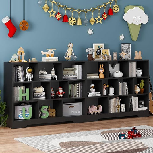 Book Shelf Set of 2, 10 Cubes Storage Organizer, 3-Tier Open Bookshelf Wooden Bookcase, Freestanding Black Bookshelf Cube Shelf for Bedroom, Living Room, Home Office