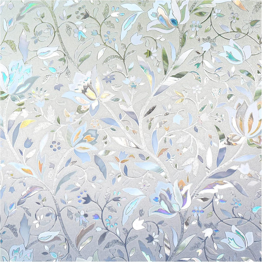 DOWELL Window Privacy Film, 3D Stained Glass Rainbow Films, Decorative Window Vinyl Sun Blocker Door Covering, Static Cling Non-Adhesive Glass Sticker for Home, Blooming Flowers, 17.5"x78.7"