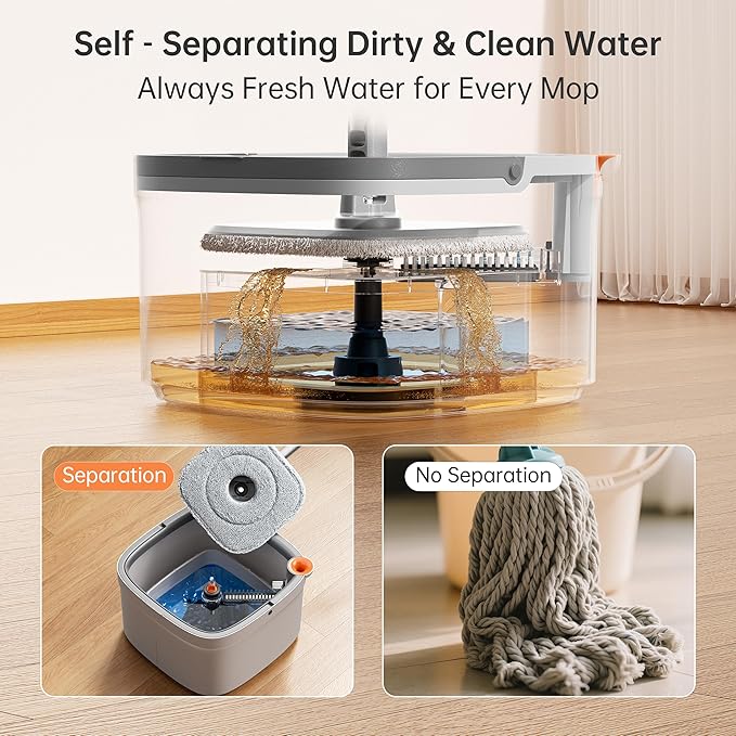 KZKR Spin Mop and Bucket Set with Self Separation Dirty and Clean Water System, Self Wringing 360° Rotating Square Mop Head for Home Floors Cleaning (1.0 Mop and Bucket Set (4 Pads))