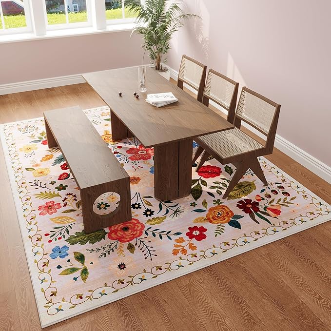 Area Rugs 8x10 Rug for Living Room Clearance Washable Boho Area Rug Non Slip Floral Vintage Low Pile Large Rug for Living Room, Bedroom, Farmhouse, Dining Room, Kids Playroom(Beige)