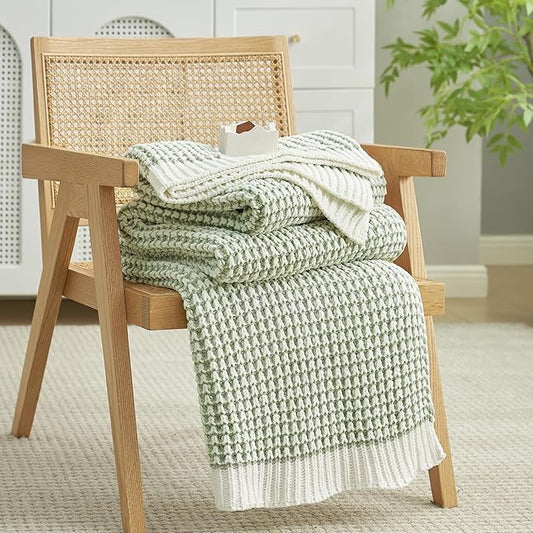 Amélie Home Chenille Waffle Throw Blanket for Couch, Reversible Pineapple Stitch Knit Soft Cozy Knit Blanket Lightweight Warm Decorative Throw for Sofa, Bed, Living Room, 60 * 80", Sage Green&Ivory