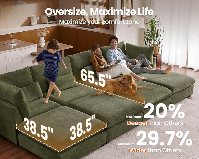 Oversized Modular Sofa, Extra Deep Cloud Chenille Sectional Couch with Ottoman Chaise, Fluffy Chenille 6 Seater Couch Bed for Living Room, Villa (Sofa Bed 6 Seater, Chenille Green)
