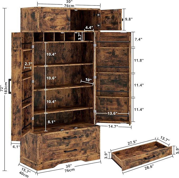 IRONCK Kitchen Pantry 72" Height, with 8 Hanging Shelves, 2 Drawers and Open Storage Cabinet, Freestanding Cupboard for Dining Room Living Room,Vintage Brown