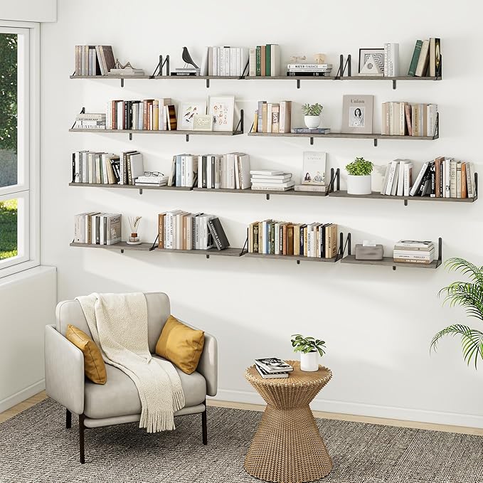 Heimlove Floating Shelves for Wall 24 Inches,8 Inches Deep Wall Bookshelf Mounted Display&Storage Wood Shelves for Kitchen Bathroom Laundry Living Room,Set of 3 (Silver Grey)
