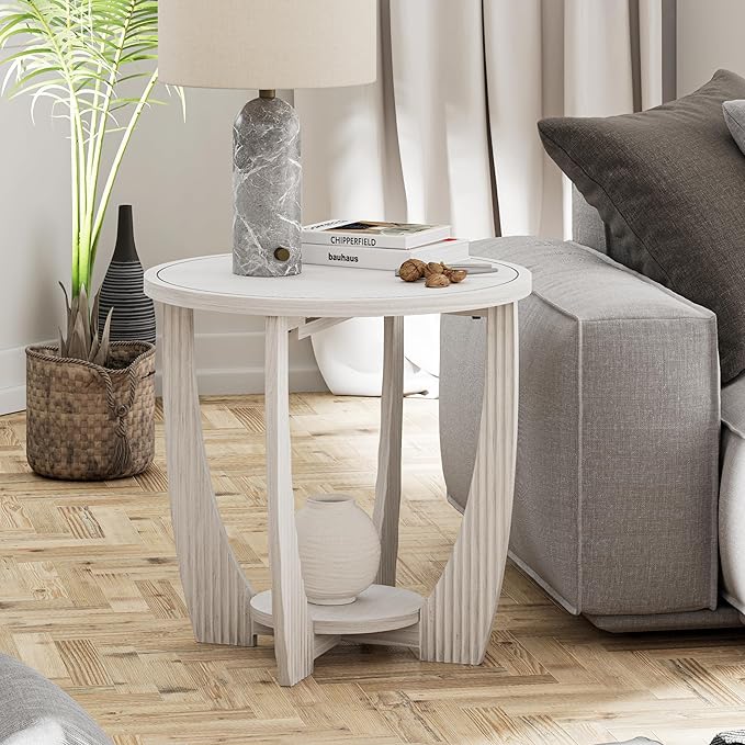 Rustic Farmhouse end Table X 2P with Storage Shelf, French Country Accent Side Table for Family, Dinning or Living Room, Small Spaces, Modern, Round, White