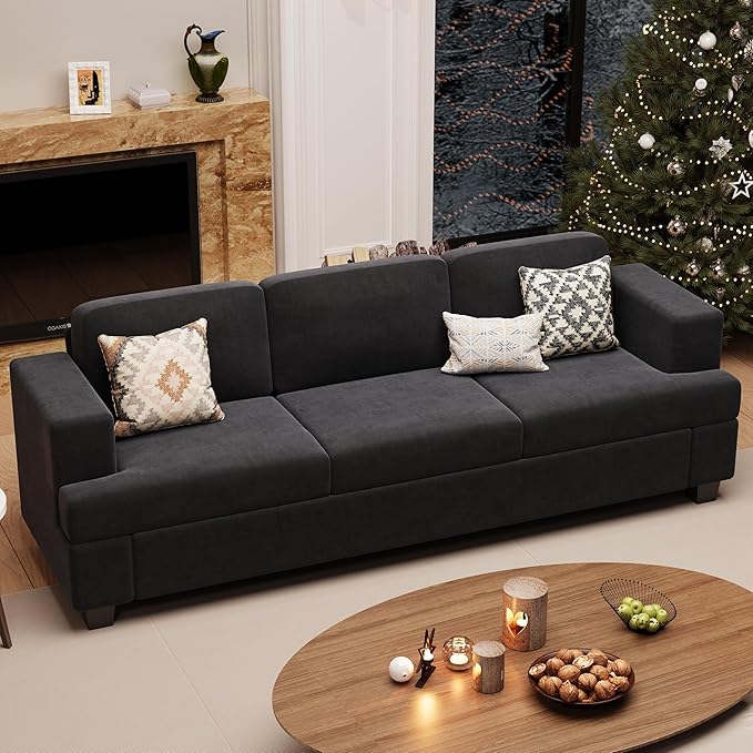 Sofa, 89" 3-Seater Deep Seat Sofa, Modern Comfy Couches for Living Room Apartment Lounge, Dark Grey Chenille
