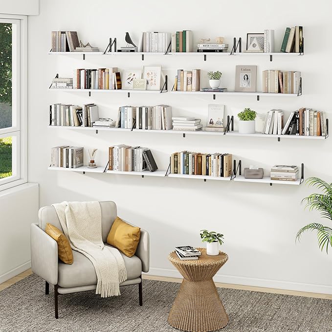 Heimlove 24 Inches White Floating Shelves,8 Inches Deep Wall Bookshelf Mounted Display&Storage Wood Wall Shelves for Kitchen Bathroom Laundry Living Room,Set of 3