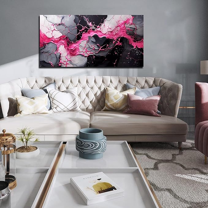 GUGIKA Abstract Wall Art for Living Room, Pink Canvas Wall Decor for Girls Bedroom Decor, Pigment Texture Print, Size 29x59 Inches