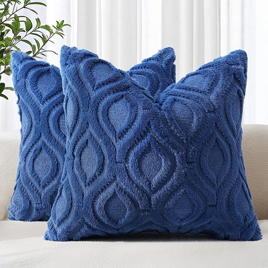 decorUhome Fall Throw Pillow Covers 18x18 Inch Set of 2, Soft Plush Decorative Faux Fur Dark Blue Solid Couch Pillow Covers, Accent Farmhouse Neutral Square Euro Pillow Cases for Sofa Bed Living Room