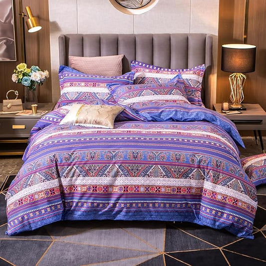 ABREEZE Bohemian Vintage Twin Size Floral Cotton Bedding Set 3Pcs Duvet Cover Set Boho Purple Paisley 100% Egyptian Brushed Cotton Reversible Home Bedding Collection