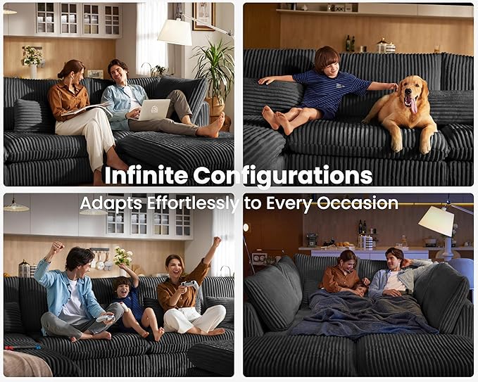 Oversized Modular Sofa, Extra Deep Cloud Corduroy Sectional Couch with Ottoman Chaise, Fluffy Chenille Loveseat L Sofa for Living Room, Villa (Loveseat+Ottoman, Corduroy Black)