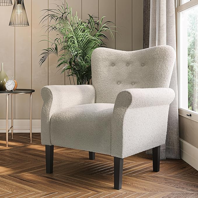 BELLEZE Modern Accent Chair for Living Room, High Back Polyester Armchair with Wooden Legs, Upholstered Wingback Side Chair Padded Armrest Single Sofa for Living Room, Bedroom - Allston (White)