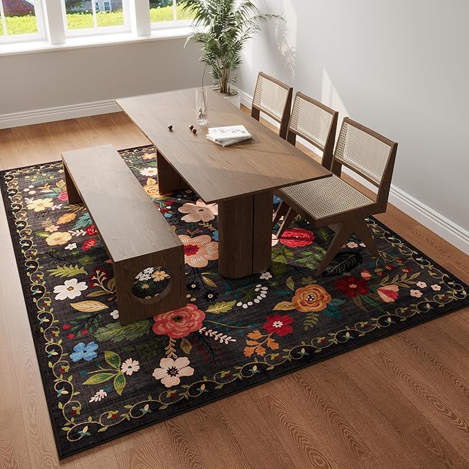 Living Room Rug 5x7 Rug Machine Washable Boho Area Rug Non Slip Floral Vintage Low Pile Large Rugs for Living Room, Bedroom, Farmhouse, Dining Room, Kids Playroom(Black)