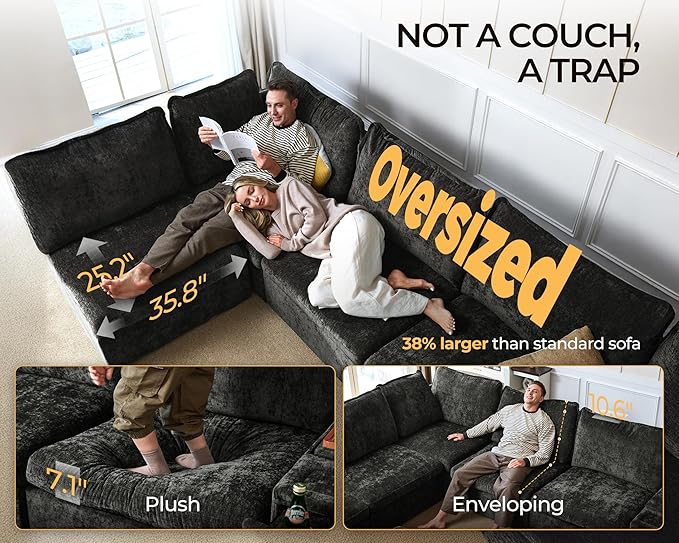 Oversized Modular Sofa Comfy Cloud Couch with Storage, Extra Deep Plush Sectional Sofa Set for Living Room, Covers Washable, Chenille, Olar (Black, 8-Seater with Corner & 2 Ottomans, u-Shaped)
