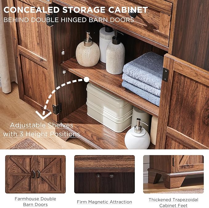 Farmhouse Bathroom Storage Cabinet, 24" Wide Floor Cabinet w/Barn Doors, Adjustable Shelf & Drawer, Cabinets for Bathroom, Kitchen, or Living Room, Brown