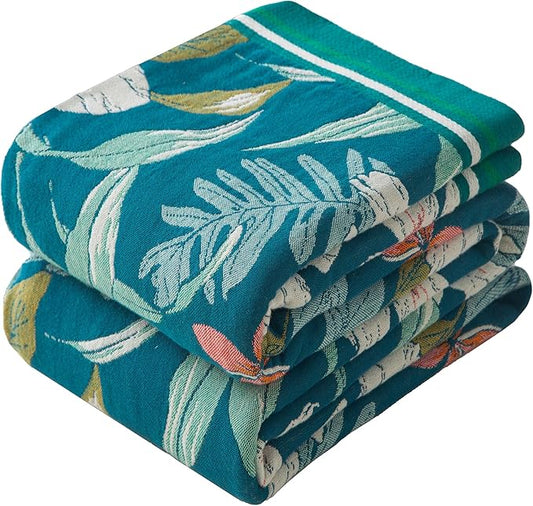 Boho Throw Blanket Twin Size, Soft Cozy Cotton Muslin Quilt Blanket for Bed Decor, Floral Patterned Couch Sofa Chair Cover, Vintage Farmhouse Cottage Tapestry Woven Blanket, Teal&Green