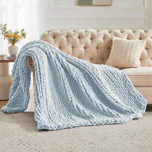 Carriediosa Chunky Knit Throw Blanket 60" X 80" Twin, 100% Hand Made Large Chenille Loop Yarn Soft Fluffy Throws for Couch Sofa Bed, Big Crochet Cozy Heavy Thick Cable Woven Blanket, Light Blue