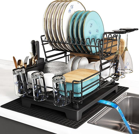 BOOSINY 2 Tier Black Large Stainless Steel Dish Drainers Drying Rack for Kitchen Counter with Drainboard, Rust Proof Metal, Space Saving, Modern Aesthetic, Compact Plates Strainers with Extra Mat