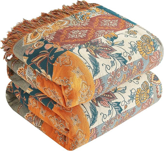 Boho Throw Blanket for Bed 60”x80”, 100% Cotton Woven Blanket for Couch Sofa, Ultra Soft 4-Layer Muslin Quilt with Patchwork Floral Printed, Farmhouse Bed Blanket/Cover for Living Room Decor
